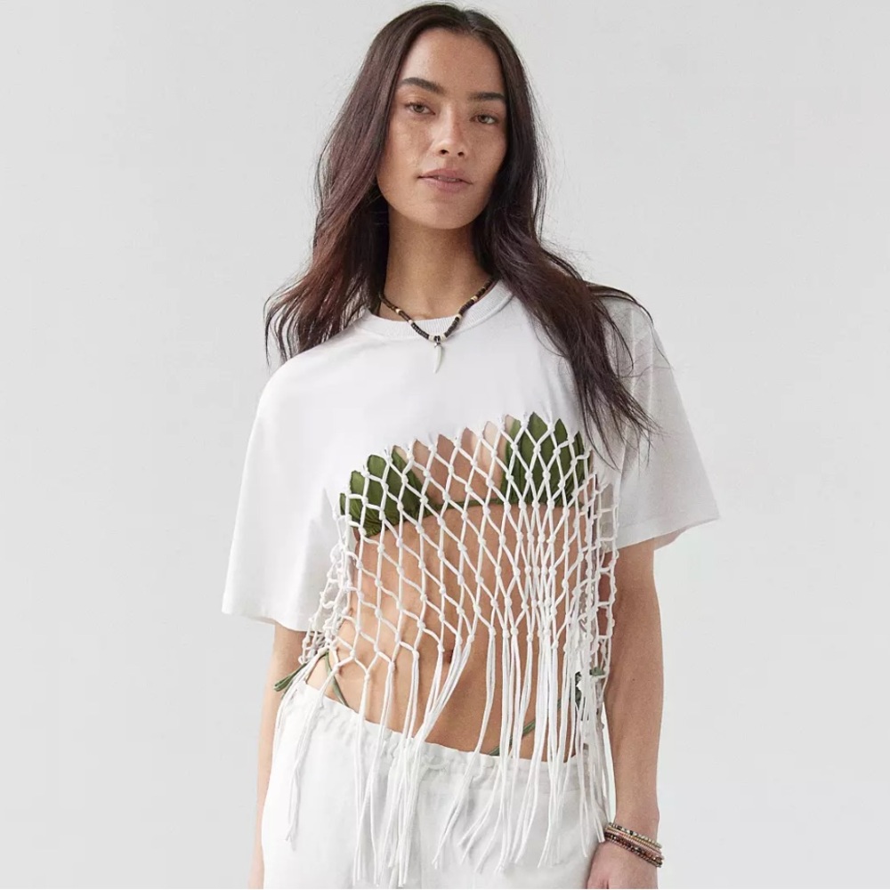 Urban Outfitters All Tied Up Macrame Top White Large Boho